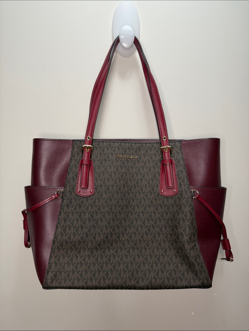 Michael Kors Brown MK Monogram Tote with Burgundy Trim